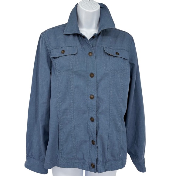 Amber Sun Jackets & Blazers - Amber Sun Jacket Women M Blue Tencel Cotton Floral Trim Snap Front Chore Utility